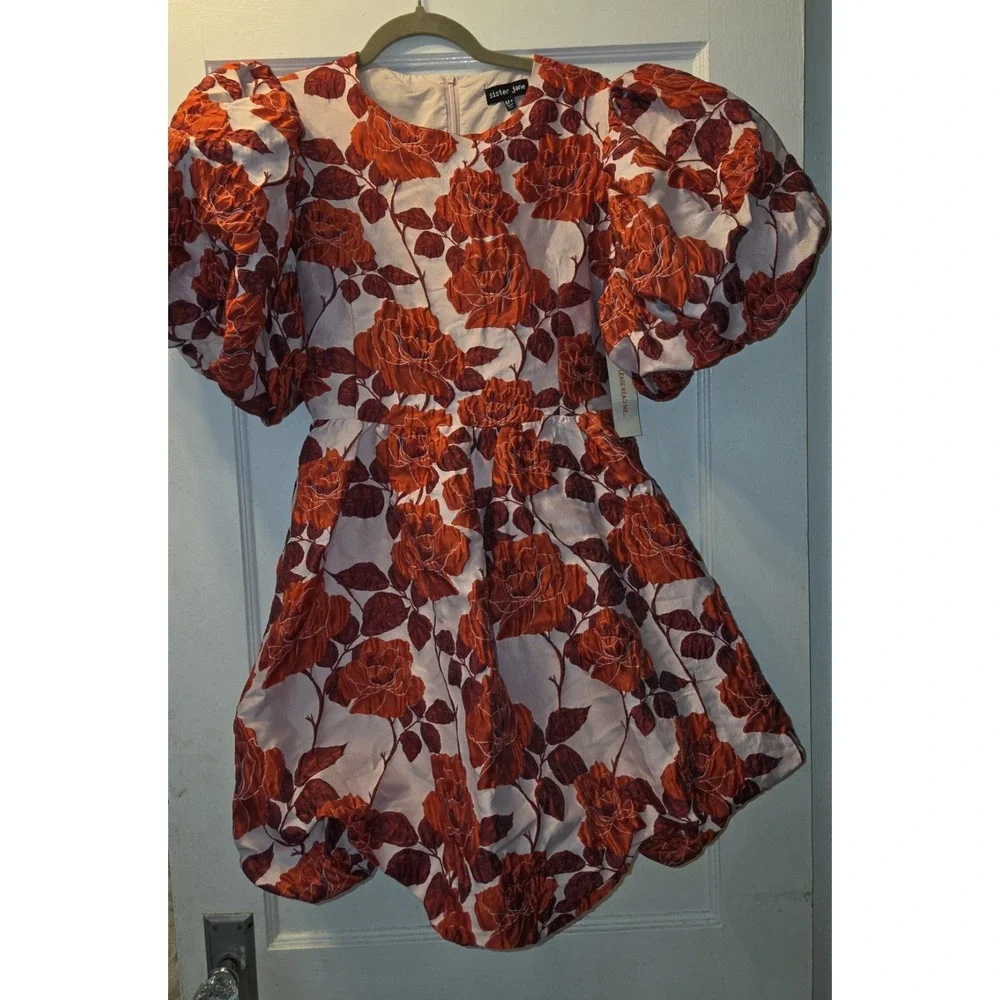 Sister Jane Wild Berry Floral Jacquard Mini Dress. Vibrant Rose. M - Picture 12 of 13